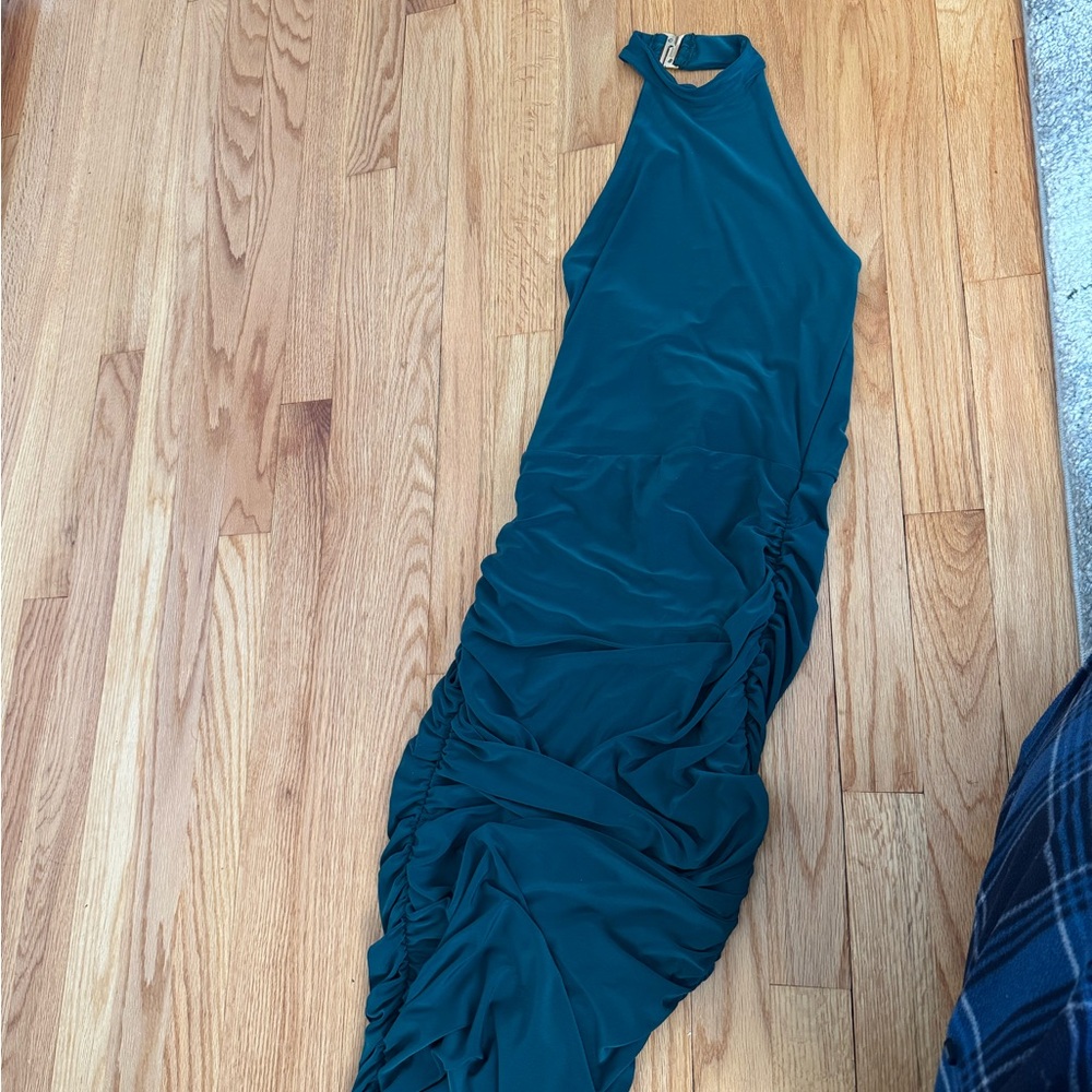 Club L Chrissy Bottle Green Halterneck Dress Ruched Midi Dress